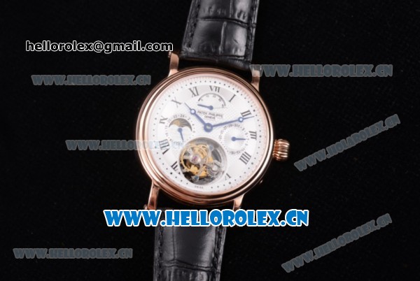 Patek Philippe Grand Complication Swiss Tourbillon Automatic Rose Gold Case with White Dial Black Leather Strap and Roman Numeral Markers - Click Image to Close